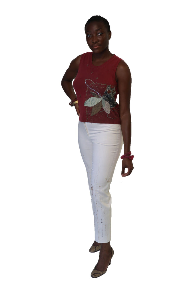 White Cotton Pants with Hand Embroidered Deer Size 8