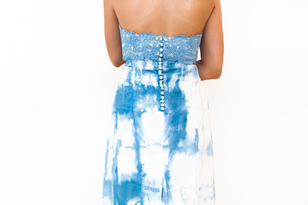 Blue Strapless Tie Dye Dress with French Lace Bustier